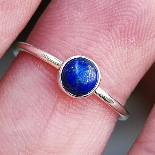Lapis Lazuli Ring, 925 Sterling Silver Dainty Promise Ring, Natural Lapis Lazuli Round Gemstone Handmade Jewelry, Birthstone Gift for Her