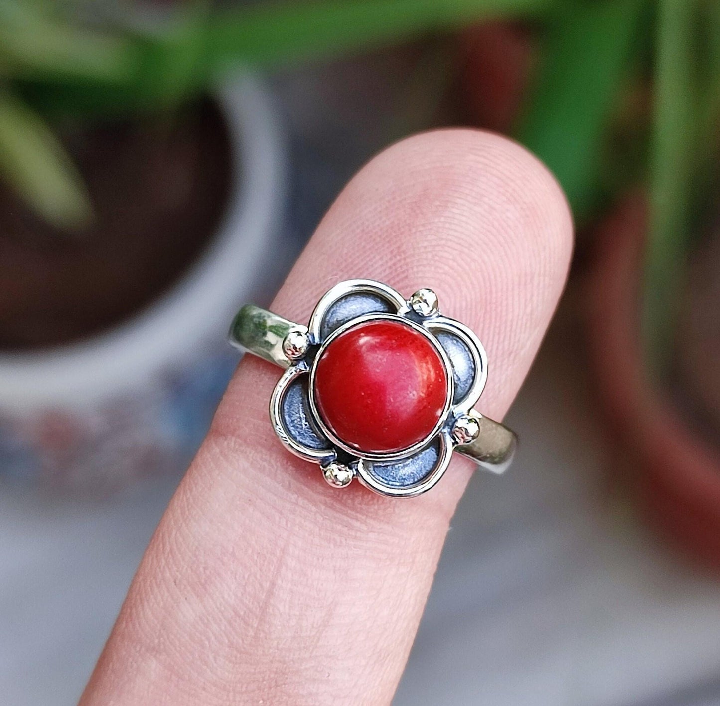 Coral Silver Ring, 925 Sterling Silver, Handmade Ring, Red Coral Gemstone, Round Shape Coral, Coral Silver Jewelry, Red Coral Silver Ring