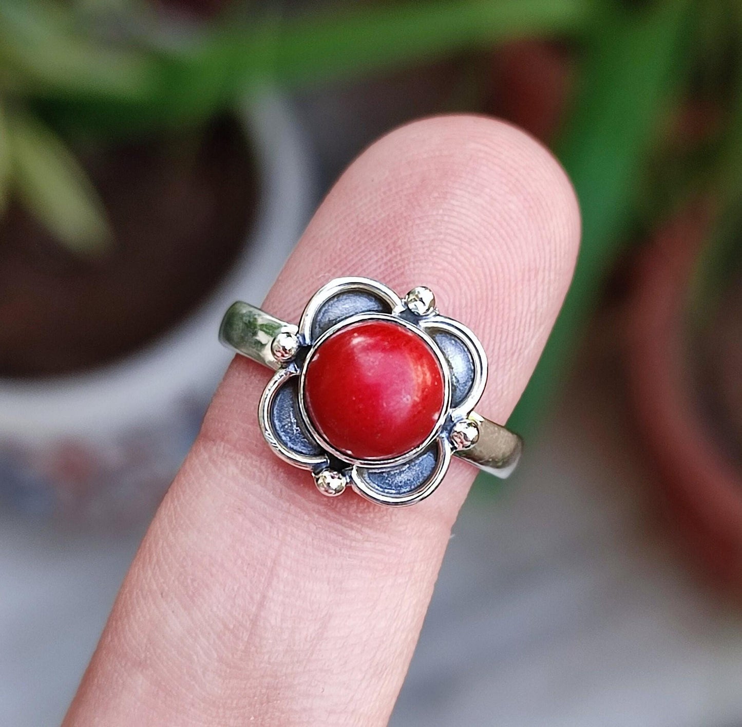 Coral Silver Ring, 925 Sterling Silver, Handmade Ring, Red Coral Gemstone, Round Shape Coral, Coral Silver Jewelry, Red Coral Silver Ring