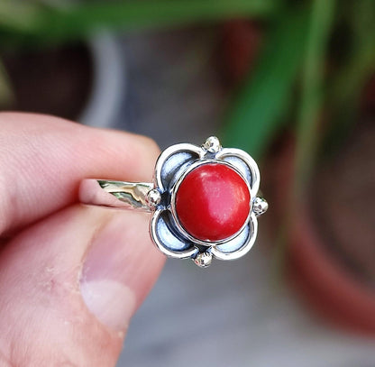 Coral Silver Ring, 925 Sterling Silver, Handmade Ring, Red Coral Gemstone, Round Shape Coral, Coral Silver Jewelry, Red Coral Silver Ring
