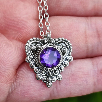 Amethyst Necklace, 925 Sterling Silver Pendant Locket, Natural Purple Gemstone Round Handmade Jewelry, February birthstone, Gift for her