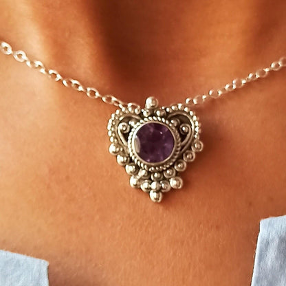 Amethyst Necklace, 925 Sterling Silver Pendant Locket, Natural Purple Gemstone Round Handmade Jewelry, February birthstone, Gift for her