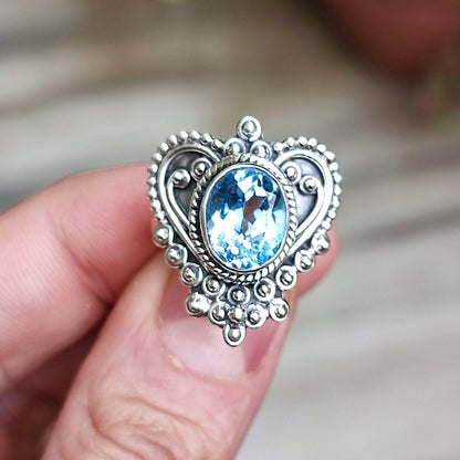 Blue Topaz Ring, 925 Sterling Silver Promise Ring, Natural Topaz Oval Gemstone Handmade Heart Jewelry, December Birthstone, Gift for Her