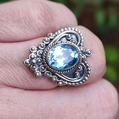 Blue Topaz Ring, 925 Sterling Silver Promise Ring, Natural Topaz Oval Gemstone Handmade Heart Jewelry, December Birthstone, Gift for Her