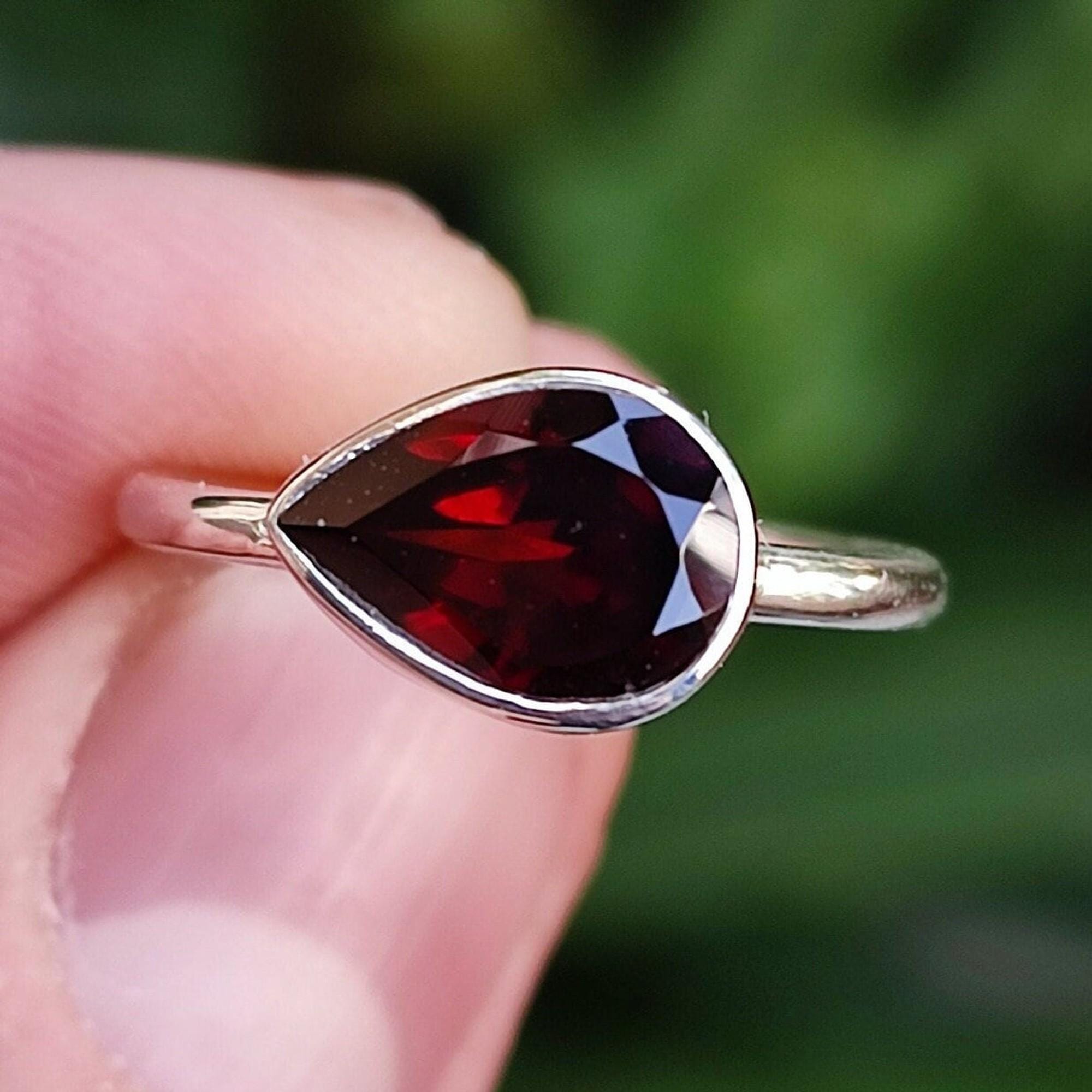 Garnet Stone Silver Ring | Handmade 925 Sterling Silver Promise Ring | Pearshape Natural Gemstone Jewelry | January Birthstone Gift for Her