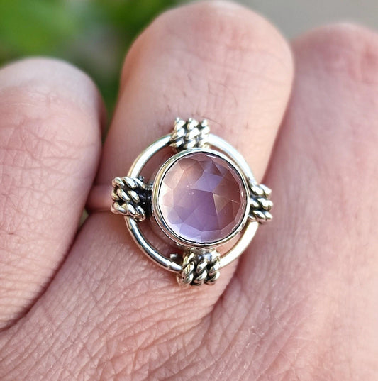 Rose Quartz Ring, 925 Sterling Silver Handmade Promise Ring, Natural Pink Crystal Round Gemstone Jewelry, January Birthstone, Gift for Her