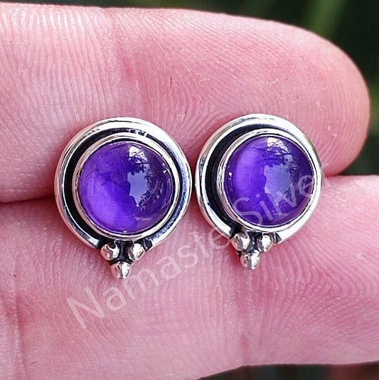 Amethyst Stud Earrings, 925 Sterling Silver Stud Posts, Natural Purple Round Gemstone Handmade Jewelry, February Birthstone, Gift for Her