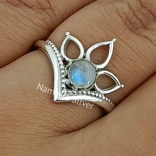 Moonstone Ring, 925 Sterling Silver Dainty Ring, Natural Rainbow Moonstone Round Gemstone Handmade Jewelry, June Birthstone, Gift for Her