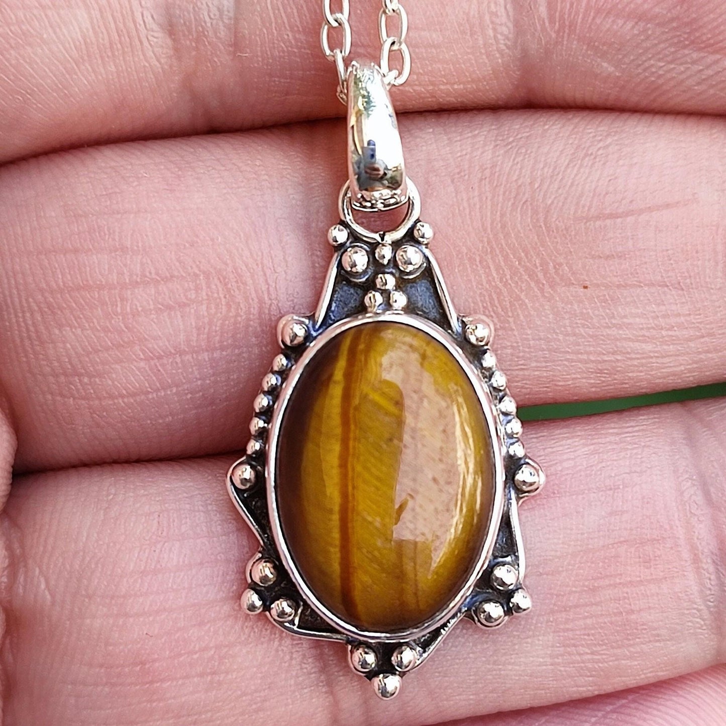 Tigers Eye Necklace, 925 Sterling Silver Pendant Chain, Natural Tiger's Eye Oval Gemstone Handmade Jewelry, Unique Birthstone Gift for Her