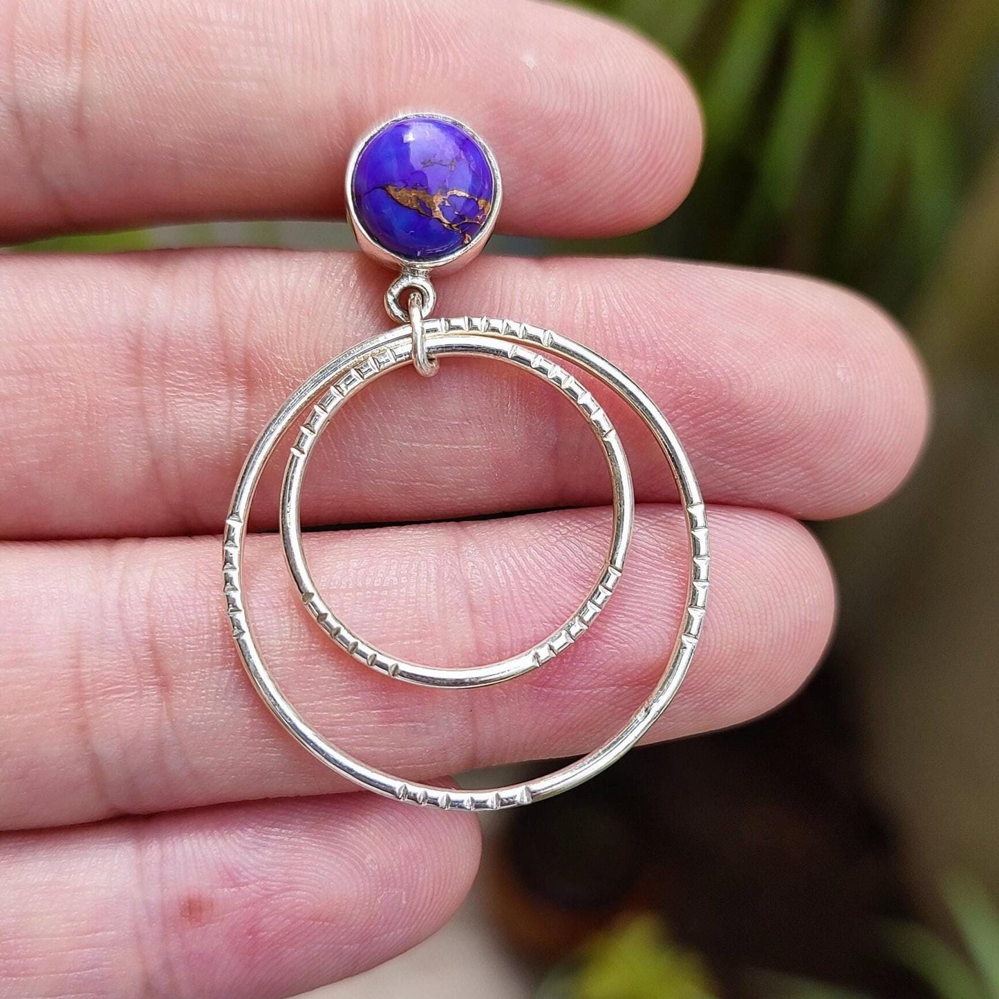 Turquoise Double Hoop Earrings, 925 Sterling Silver Dangle Earrings, Natural Purple Copper Turquoise Round Handmade Jewelry, Gift for her