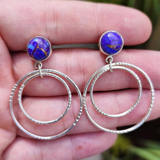 Turquoise Double Hoop Earrings, 925 Sterling Silver Dangle Earrings, Natural Purple Copper Turquoise Round Handmade Jewelry, Gift for her
