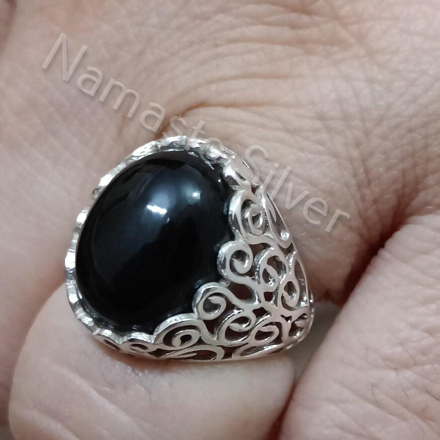 Black Onyx Ring, 925 Sterling Silver Statement Promise Ring, Natural Onyx Oval Gemstone Handmade Boho Jewelry, July Birthstone, Gift for her