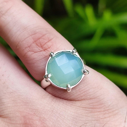 Chalcedony Ring, 925 Sterling Silver Promise Ring, Natural Aqua Chalcedony Round Gemstone Handmade Jewelry, March Birthstone, Gift For Her
