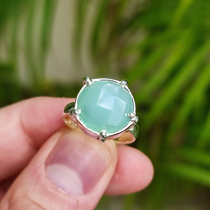 Chalcedony Ring, 925 Sterling Silver Promise Ring, Natural Aqua Chalcedony Round Gemstone Handmade Jewelry, March Birthstone, Gift For Her