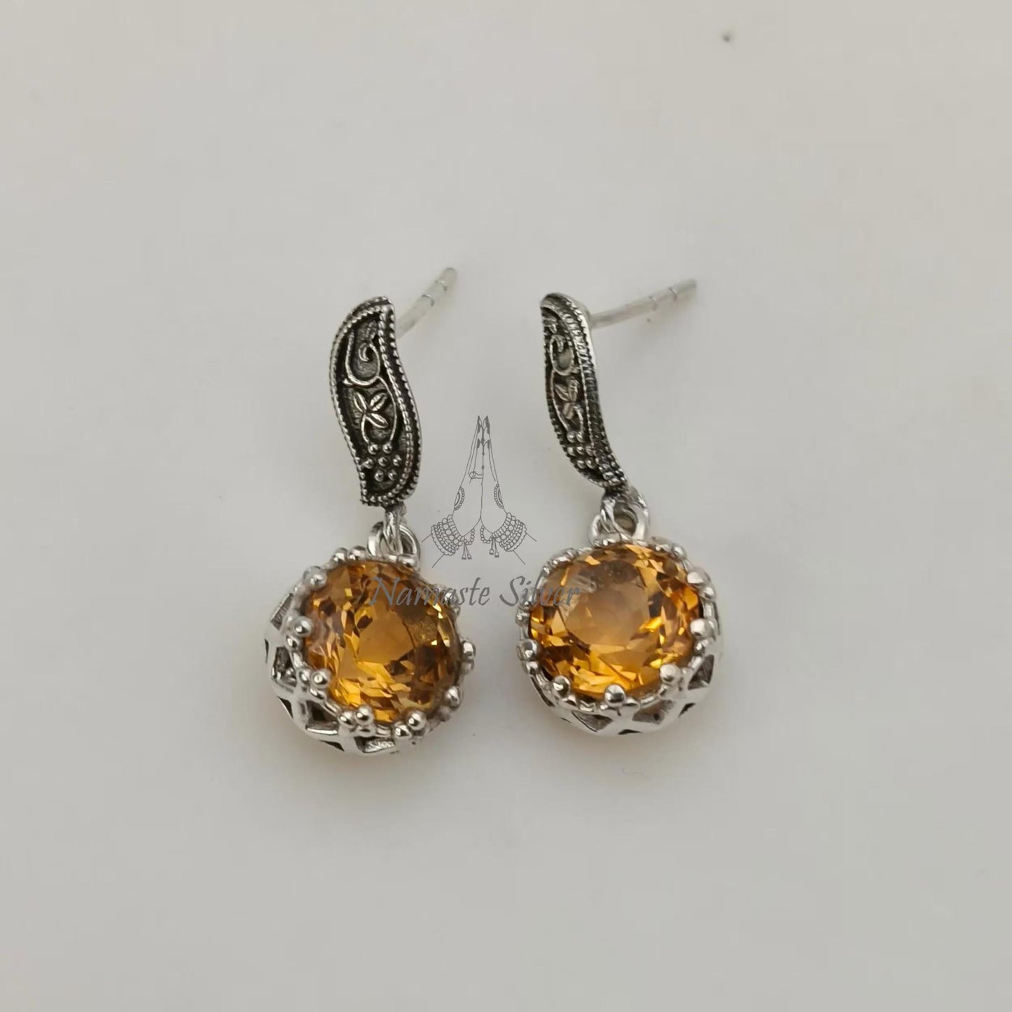 Citrine Earrings, 925 Sterling Silver Dangle Earrings, Natural Citrine Round Gemstone Handmade Jewelry, November Birthstone, Gift for Her
