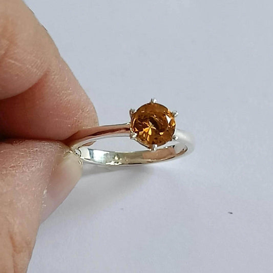 Citrine Solitaire Ring, 925 Sterling Silver Promise Ring, Natural Yellow Citrine Round Gemstone Handmade Jewelry, Minimalist Gift for Her