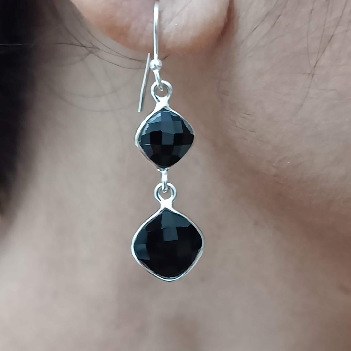 Black Spinel Earrings, 925 Sterling Silver Dangle Drop Earrings, Natural Spinel Cushion Briolette Gemstone Handmade Jewelry, Gift for Her
