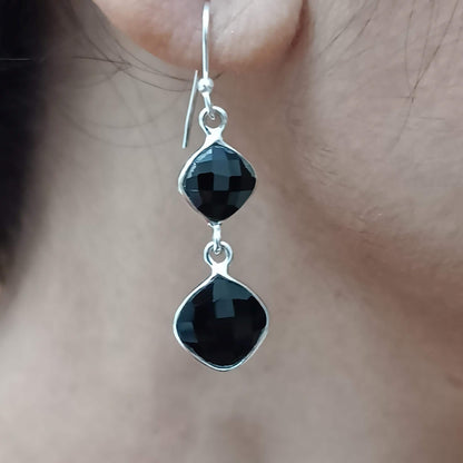 Black Spinel Earrings, 925 Sterling Silver Dangle Drop Earrings, Natural Spinel Cushion Briolette Gemstone Handmade Jewelry, Gift for Her