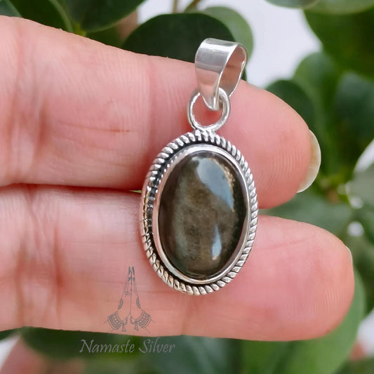 Gold Sheen Obsidian Pendant, 925 Sterling Silver Handmade Pendant, Natural Obsidian Oval Gemstone Jewelry, Gift For Her, November Birthstone