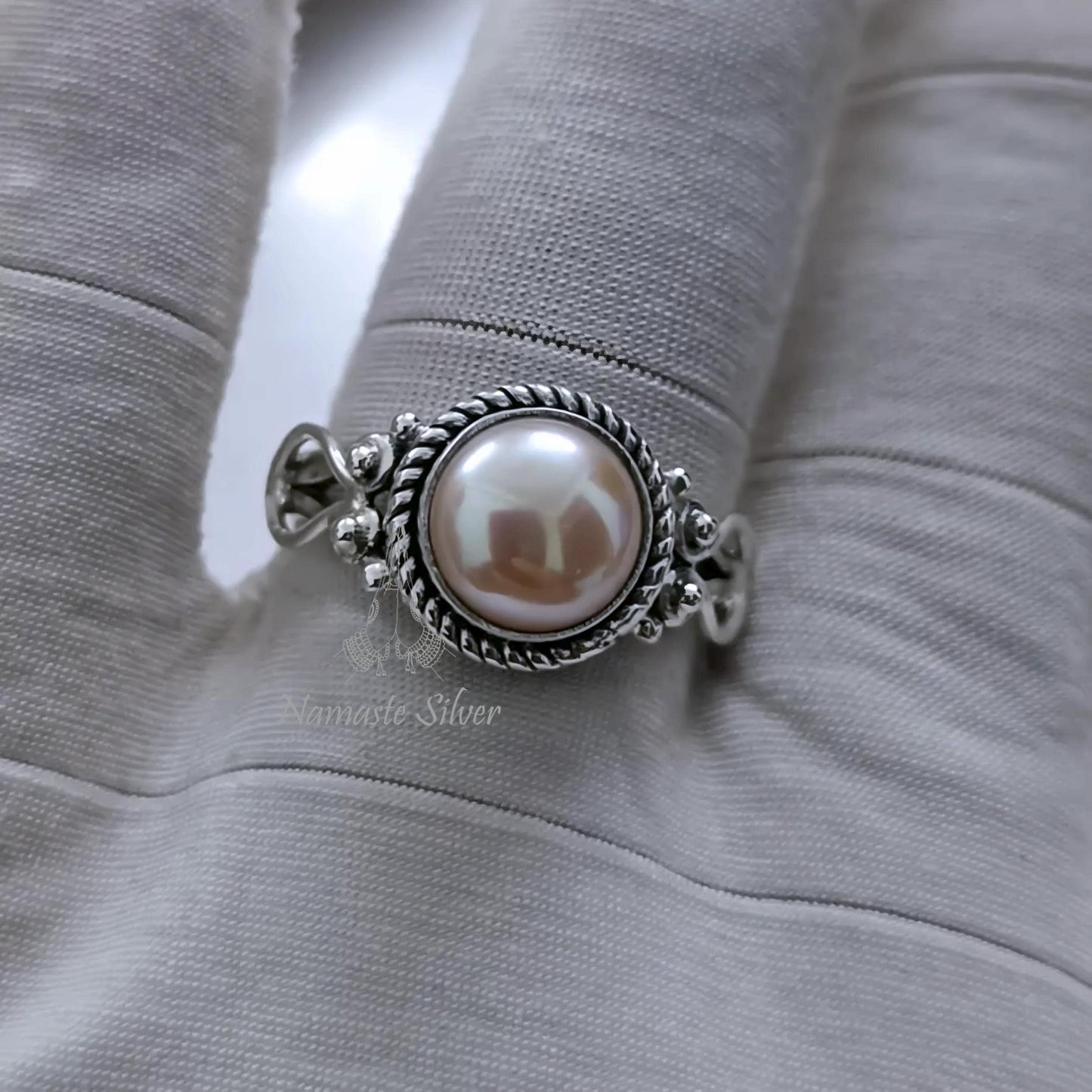 Pearl Ring, 925 Sterling Silver Peach Pearl Promise Ring for Women, Freshwater Peach Pearl Handmade Jewelry, June Birthstone, Gift For Her