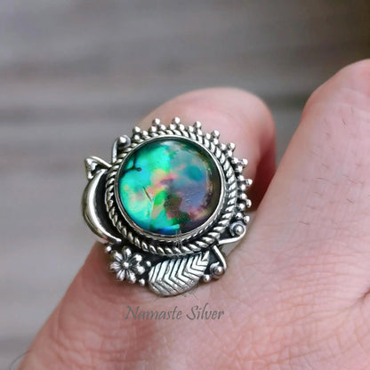 Abalone Shell Ring, 925 Sterling Silver Statement Promise Ring, Natural Paua Shell Round Doublet Handmade Jewelry, Elegant Gift for Her