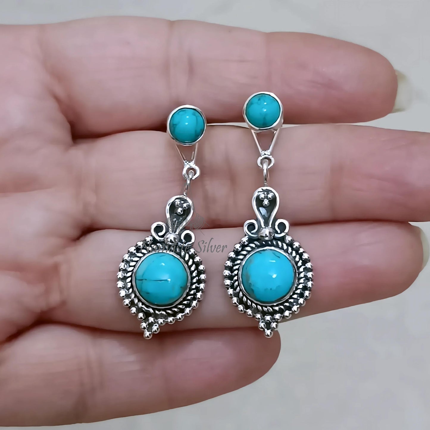 Turquoise Earrings, Sterling Silver Convertible Dangle & Stud Earrings Design, Natural Blue Turquoise Round Gemstone Jewelry, Gift For Her