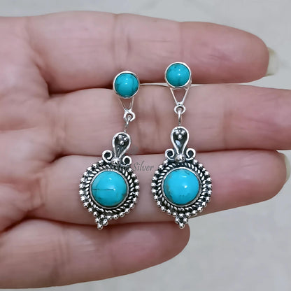 Turquoise Earrings, Sterling Silver Convertible Dangle & Stud Earrings Design, Natural Blue Turquoise Round Gemstone Jewelry, Gift For Her