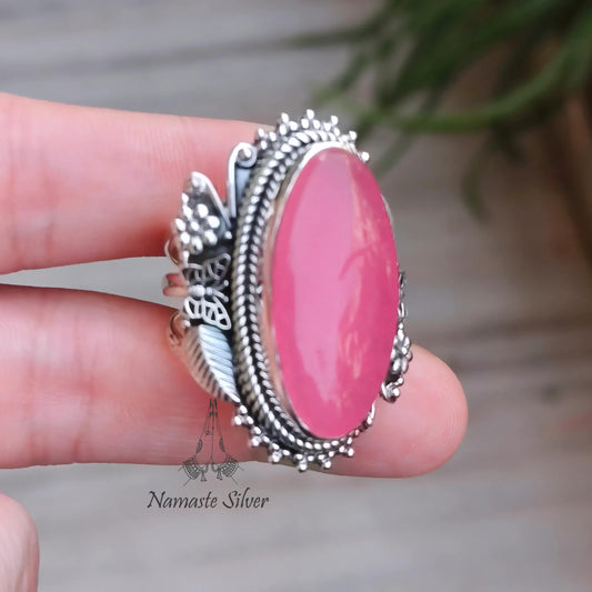 Pink Jade Ring, 925 Sterling Silver Statement Promise Ring, Pink Jade Oval Gemstone Handmade Designer Chunky Jewelry, Unique Gift for her