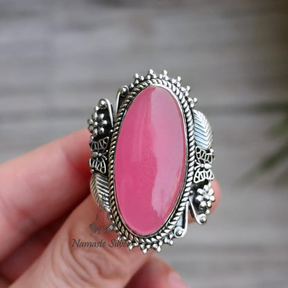 Pink Jade Ring, 925 Sterling Silver Statement Promise Ring, Pink Jade Oval Gemstone Handmade Designer Chunky Jewelry, Unique Gift for her