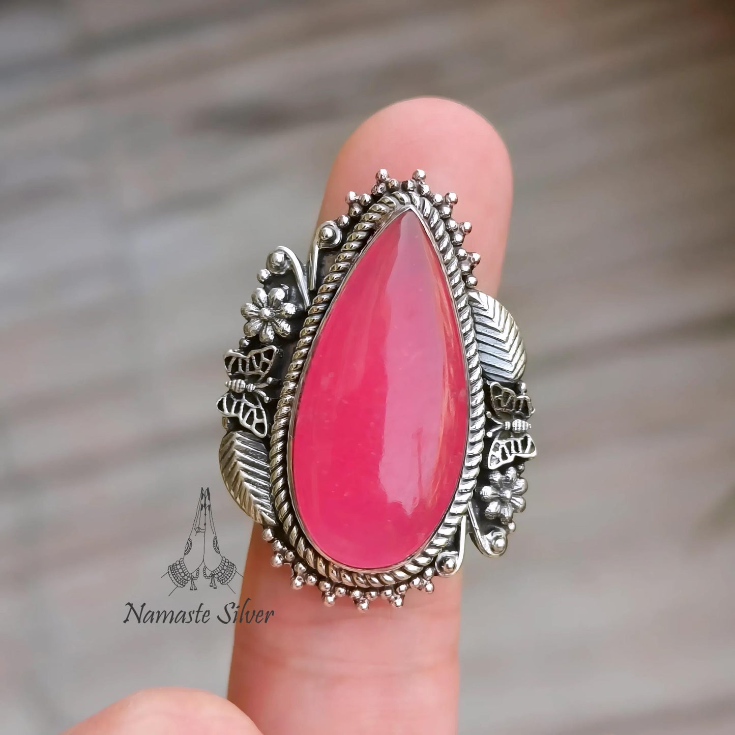 Pink Jade Ring, 925 Sterling Silver Statement Promise Chunky Ring, Pink Jade Pear Shape Gemstone Handmade Boho Jewelry, Unique Gift for her