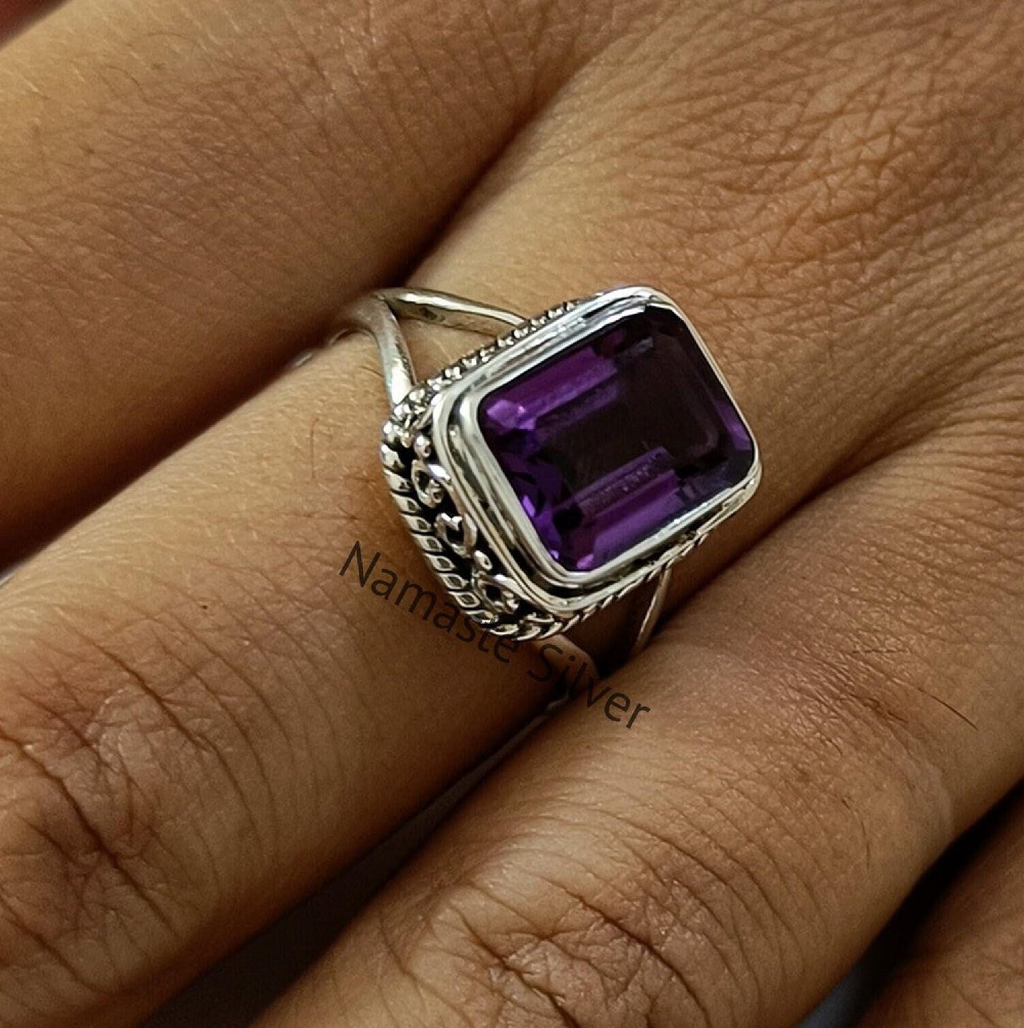 Amethyst Ring, 925 Sterling Silver promise Ring, Natural Purple Emerald Cut Gemstone Handmade Jewelry, February Birthstone, Gift for Her