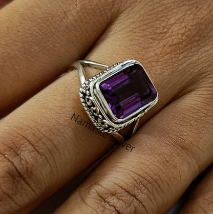 Amethyst Ring, 925 Sterling Silver promise Ring, Natural Purple Emerald Cut Gemstone Handmade Jewelry, February Birthstone, Gift for Her