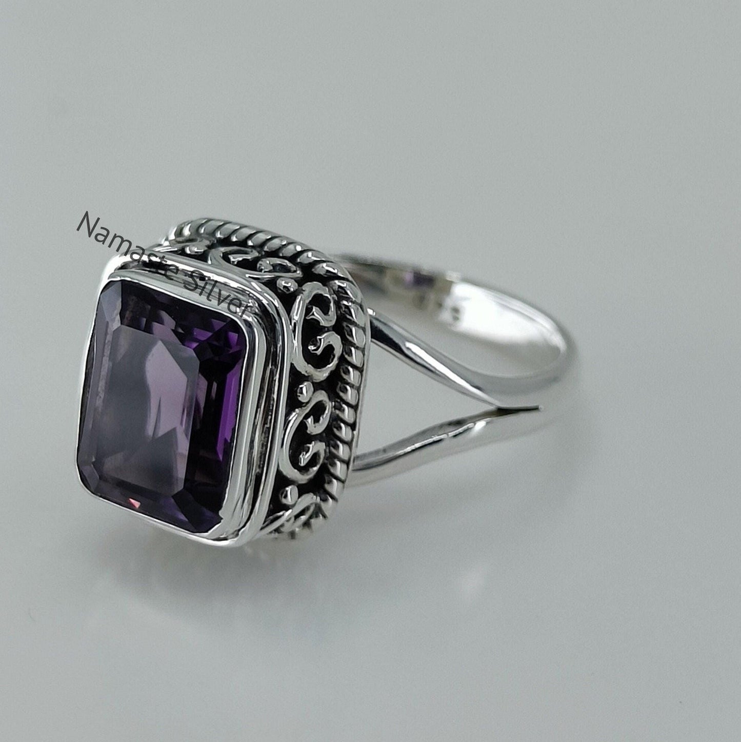 Amethyst Ring, 925 Sterling Silver promise Ring, Natural Purple Emerald Cut Gemstone Handmade Jewelry, February Birthstone, Gift for Her