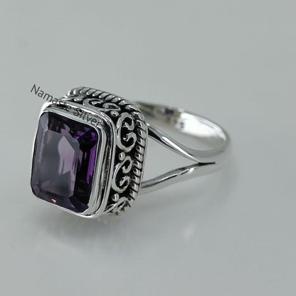 Amethyst Ring, 925 Sterling Silver promise Ring, Natural Purple Emerald Cut Gemstone Handmade Jewelry, February Birthstone, Gift for Her