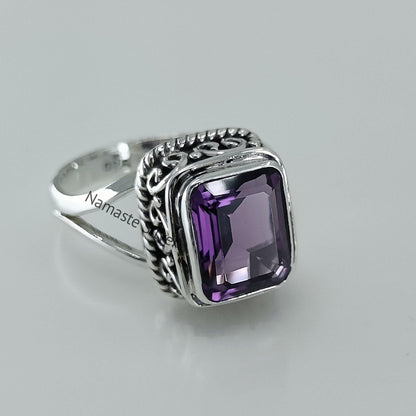 Amethyst Ring, 925 Sterling Silver promise Ring, Natural Purple Emerald Cut Gemstone Handmade Jewelry, February Birthstone, Gift for Her