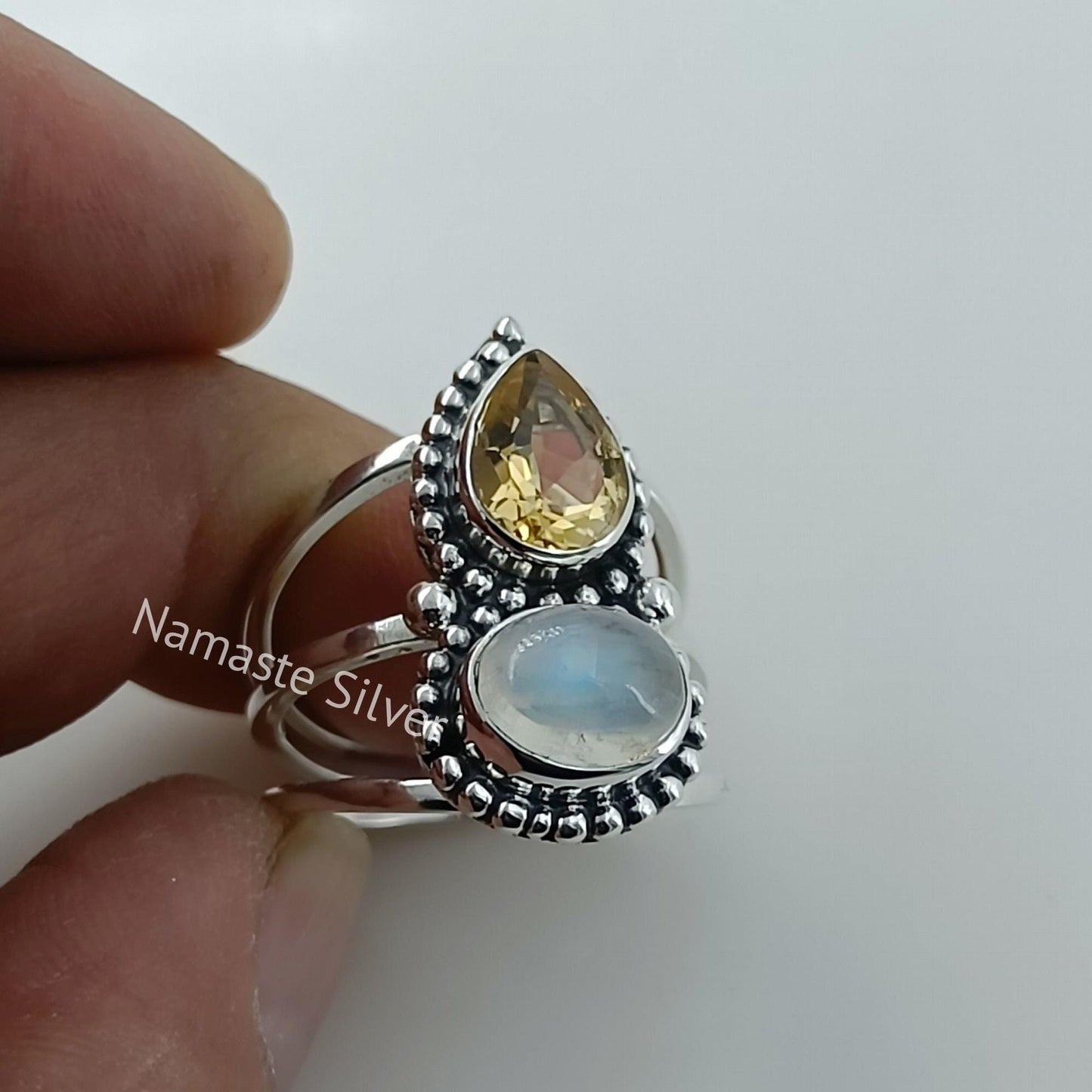 Citrine, Rainbow Moonstone Ring, 925 Sterling Silver Promise Ring, Natural Dual Gemstone Handmade Jewelry, November Birthstone, Gift for Her