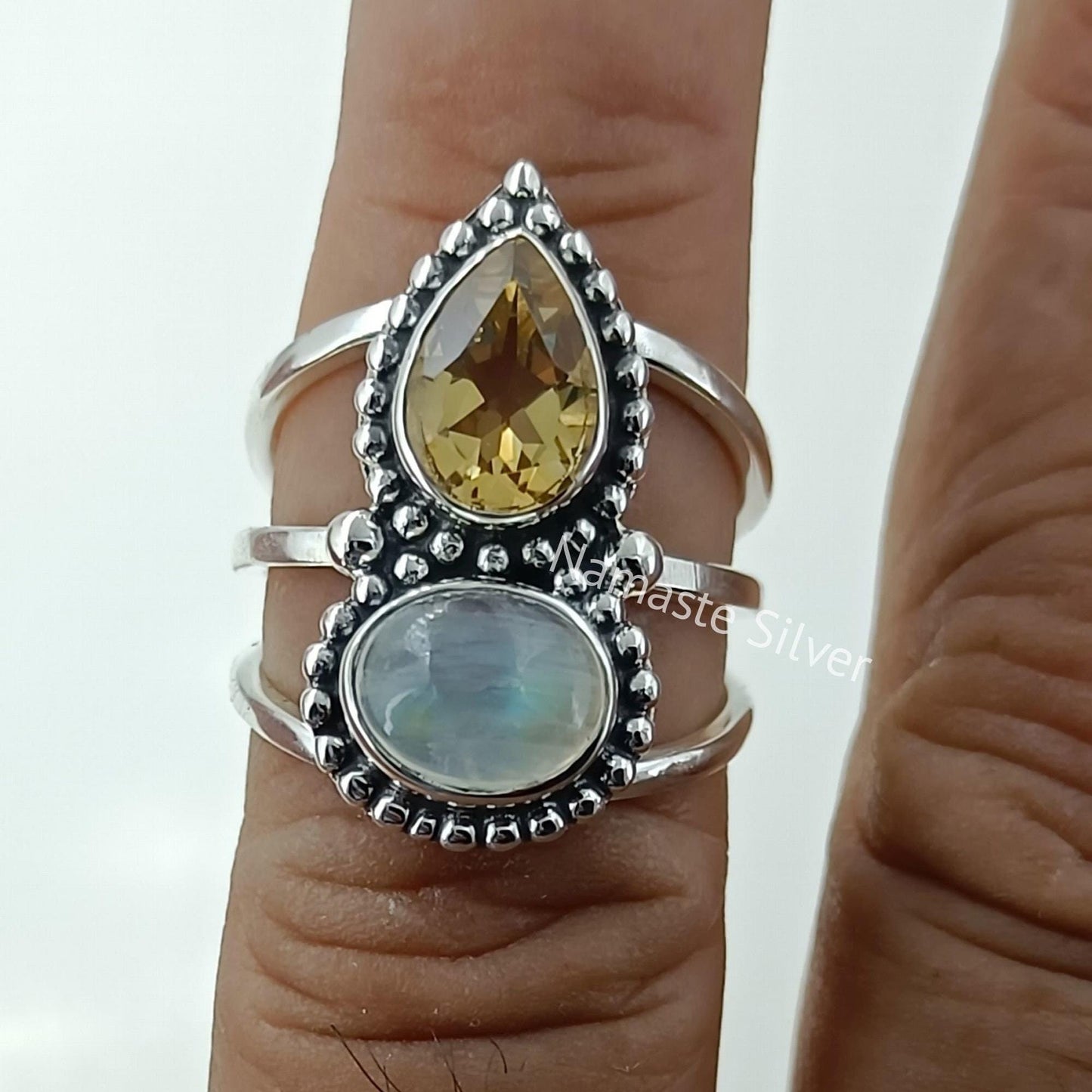 Citrine, Rainbow Moonstone Ring, 925 Sterling Silver Promise Ring, Natural Dual Gemstone Handmade Jewelry, November Birthstone, Gift for Her