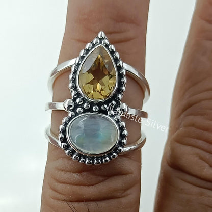 Citrine, Rainbow Moonstone Ring, 925 Sterling Silver Promise Ring, Natural Dual Gemstone Handmade Jewelry, November Birthstone, Gift for Her