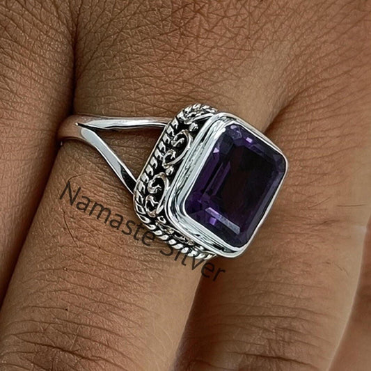 Amethyst Ring, 925 Sterling Silver promise Ring, Natural Purple Emerald Cut Gemstone Handmade Jewelry, February Birthstone, Gift for Her