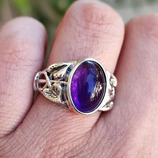Amethyst Ring, 925 Sterling Silver Handmade Statement Leaf Ring, Natural Purple Gemstone Oval Boho Jewelry, February Birthstone Gift for her