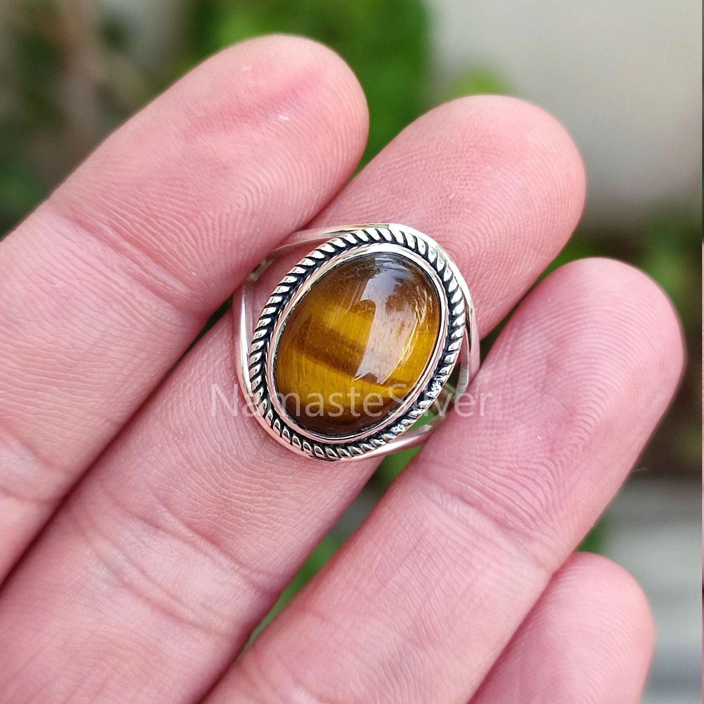 Tiger Eye Ring, 925 Sterling Silver Statement Promise Ring, Natural Tiger's Eye Oval Gemstone Handmade Jewelry, June Birthstone Gift for her
