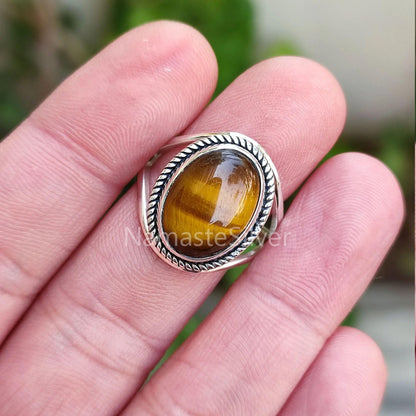 Tiger Eye Ring, 925 Sterling Silver Statement Promise Ring, Natural Tiger's Eye Oval Gemstone Handmade Jewelry, June Birthstone Gift for her