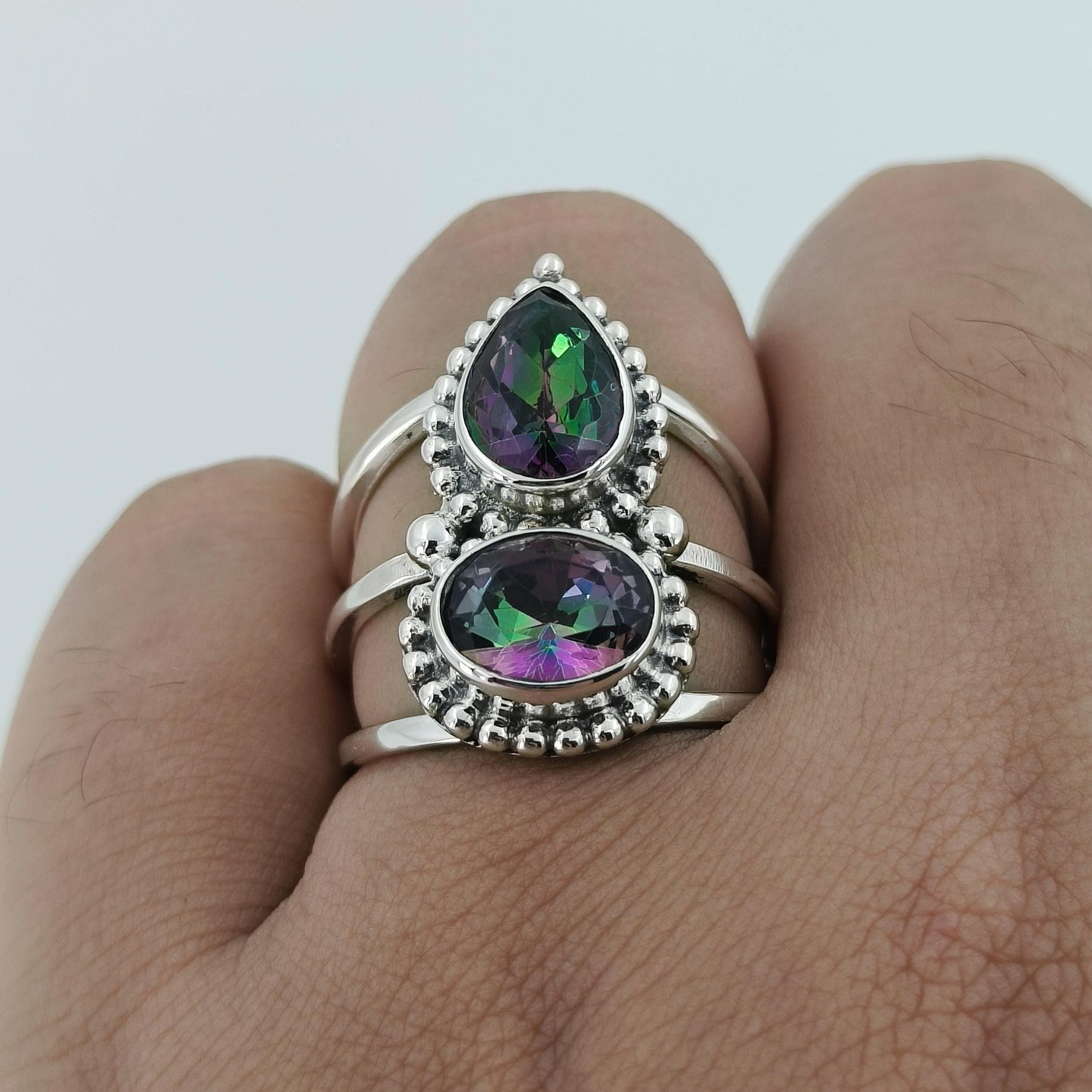 Aurora Mystic Topaz Ring, 925 Sterling Silver Statement Promise Ring, Dual Gemstone Mystic Topaz Handmade Jewelry, Gift for her Anniversary