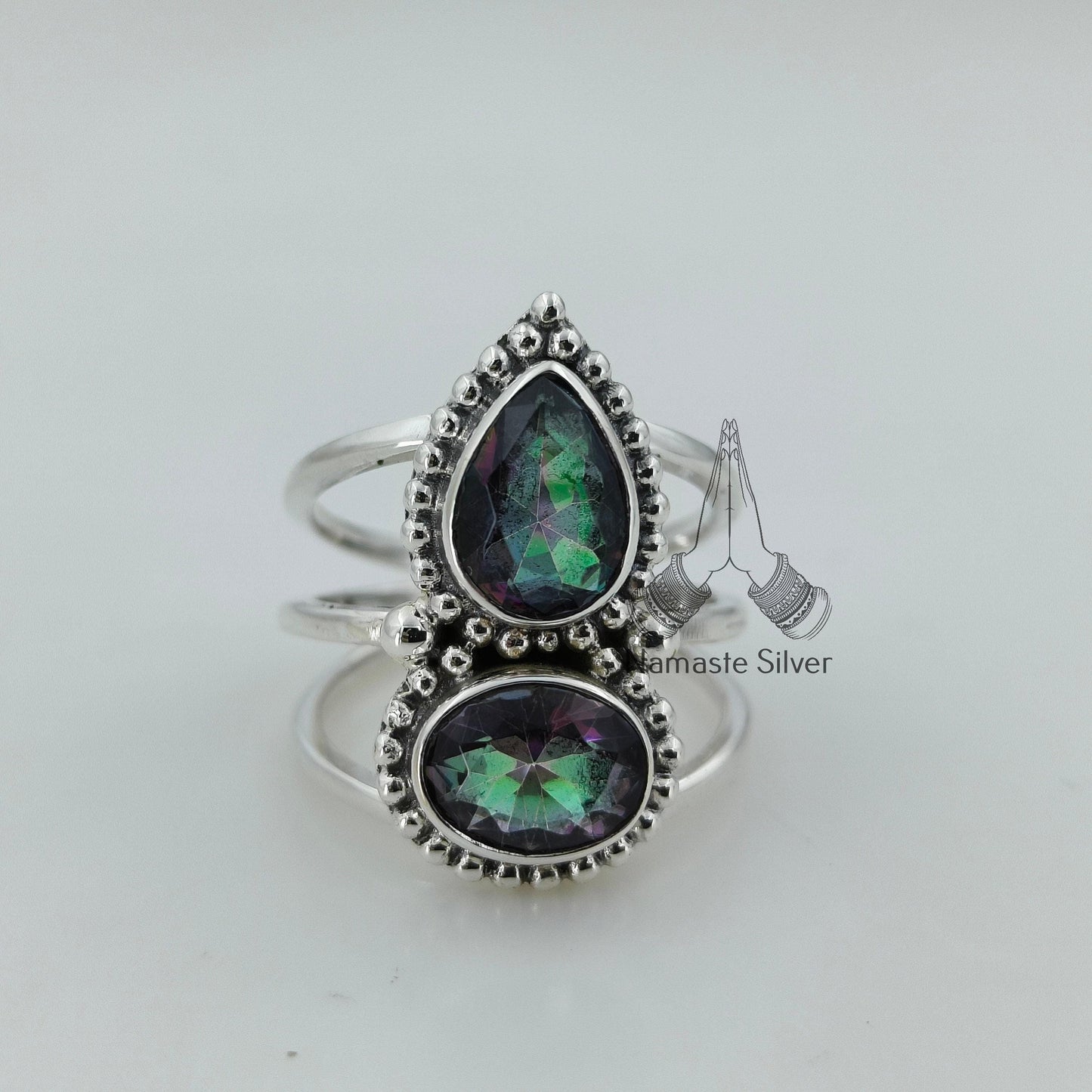 Aurora Mystic Topaz Ring, 925 Sterling Silver Statement Promise Ring, Dual Gemstone Mystic Topaz Handmade Jewelry, Gift for her Anniversary
