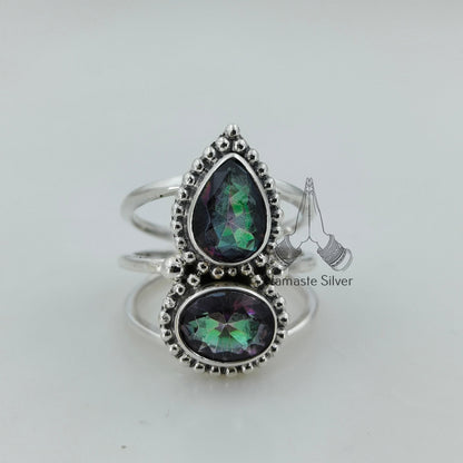 Aurora Mystic Topaz Ring, 925 Sterling Silver Statement Promise Ring, Dual Gemstone Mystic Topaz Handmade Jewelry, Gift for her Anniversary