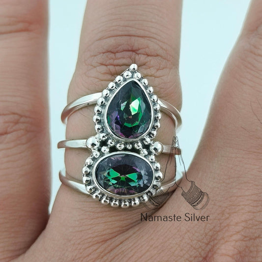 Aurora Mystic Topaz Ring, 925 Sterling Silver Statement Promise Ring, Dual Gemstone Mystic Topaz Handmade Jewelry, Gift for her Anniversary