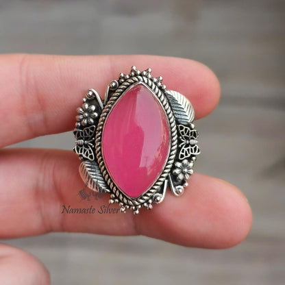 Pink Jade Ring, 925 Sterling Silver Statement Promise Ring, Natural Jade Marquise Gemstone Handmade Designer Jewelry, Unique Gift for her