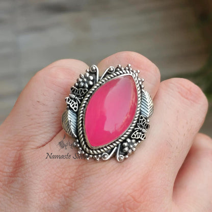 Pink Jade Ring, 925 Sterling Silver Statement Promise Ring, Natural Jade Marquise Gemstone Handmade Designer Jewelry, Unique Gift for her
