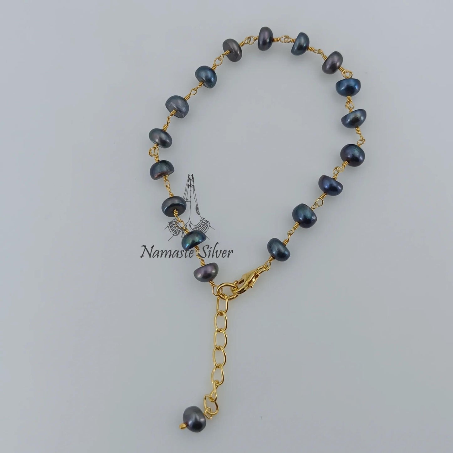Black Pearl Bracelet, Gold Plated Sterling Silver Beaded Bracelet, Freshwater Black Pearl Handmade Jewelry, Gift for Her, June Birthstone