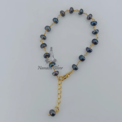 Black Pearl Bracelet, Gold Plated Sterling Silver Beaded Bracelet, Freshwater Black Pearl Handmade Jewelry, Gift for Her, June Birthstone